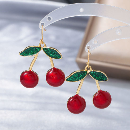 Picture of 1 Pair Ins Style Earrings KC Gold Plated Red Cherry Fruit 3cm