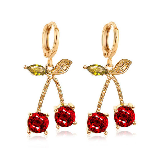 Picture of 1 Pair Ins Style Earrings KC Gold Plated Cherry Fruit Red Rhinestone 3cm