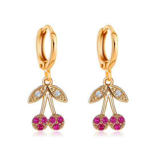 Picture of 1 Pair Ins Style Earrings KC Gold Plated Cherry Fruit Fuchsia Rhinestone 3cm