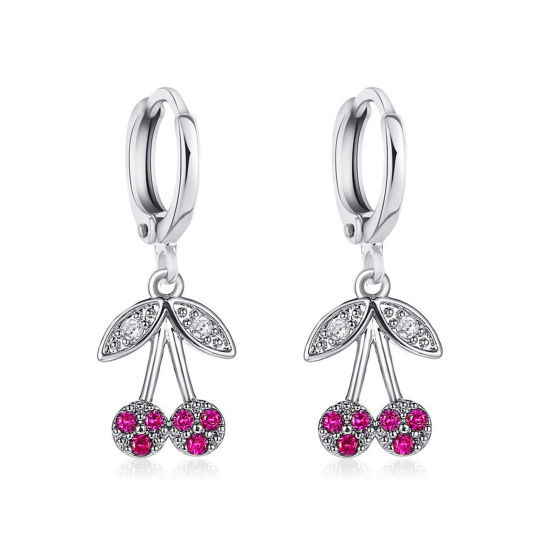 Picture of 1 Pair Ins Style Earrings Silver Tone Cherry Fruit Fuchsia Rhinestone 3cm