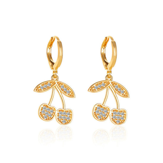 Picture of 1 Pair Ins Style Earrings KC Gold Plated Cherry Fruit Clear Rhinestone 3cm