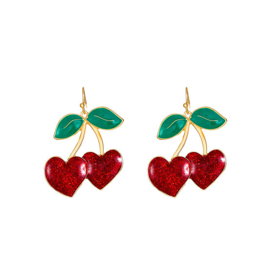 Picture of 1 Pair Ins Style Earrings KC Gold Plated Red Cherry Fruit Enamel 2cm