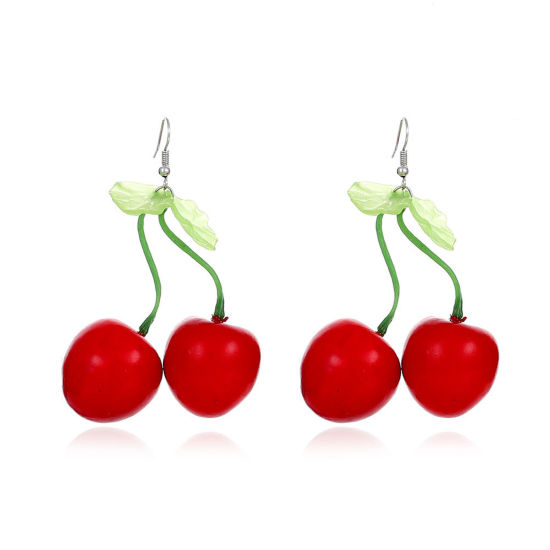 Picture of 1 Pair Ins Style Earrings Silver Tone Red Cherry Fruit 4cm