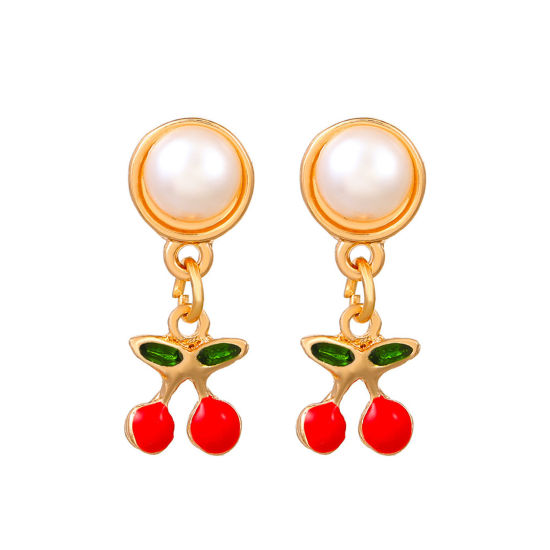 Picture of 1 Pair Ins Style Earrings KC Gold Plated Red Cherry Fruit Imitation Pearl 3cm
