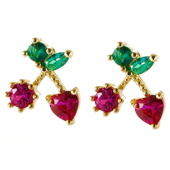 Picture of 1 Pair Ins Style Earrings KC Gold Plated Cherry Fruit Red & Green Rhinestone 3cm