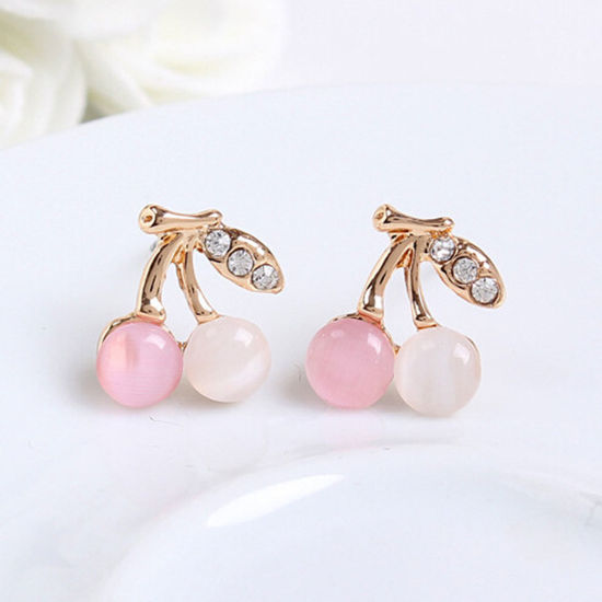 Picture of 1 Pair Ins Style Earrings KC Gold Plated White & Pink Cherry Fruit Clear Rhinestone 2cm