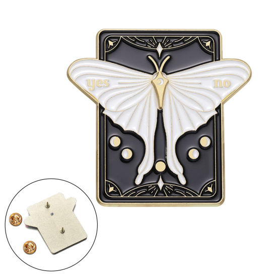 Picture of 1 Piece Tarot Pin Brooches Rectangle Moth Black & White Enamel 5cm x 4.9cm