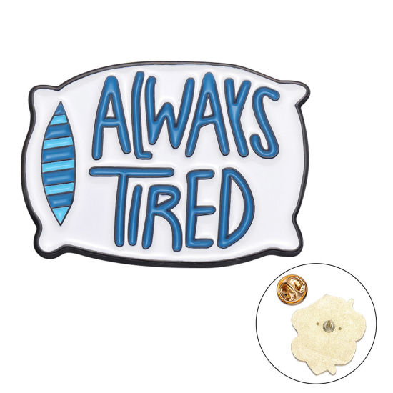 Picture of 1 Piece Simple Pin Brooches Pillow Message " Always Tired " White & Blue Enamel 3.2cm x 2.3cm
