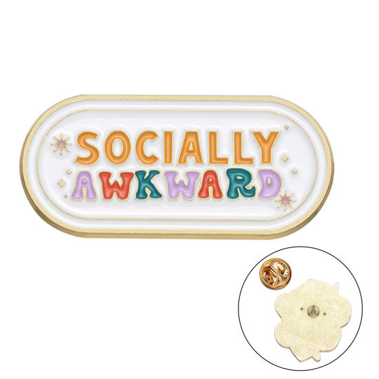 Picture of 1 Piece Simple Pin Brooches Road Sign Message " Socially Awkward" Multicolor Enamel 4.4cm x 2cm
