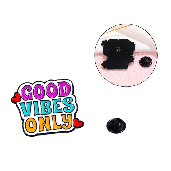 Picture of 1 Piece Stylish Pin Brooches Message "Good Vibes Only" Multicolor Enamel 3cm x 2.3cm