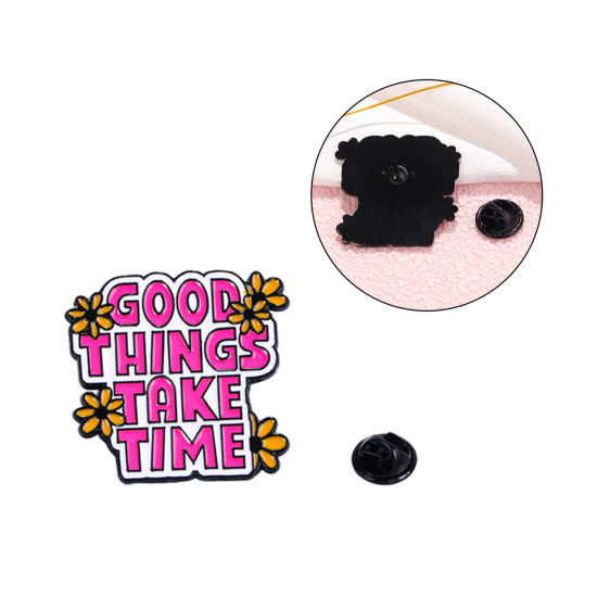 Picture of 1 Piece Stylish Pin Brooches Message "Good Things Take Time" Multicolor Enamel 3cm x 2.8cm