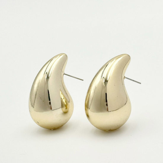 Picture of 1 Pair CCB Plastic Ins Style Ear Post Teardrop Chubby Stud Earrings Gold Plated Cashew Drop 2.3cm