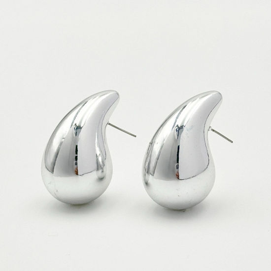 Picture of 1 Pair CCB Plastic Ins Style Ear Post Teardrop Chubby Stud Earrings Silver Plated Cashew Drop 2.3cm