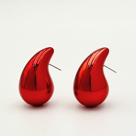 Picture of 1 Pair CCB Plastic Ins Style Ear Post Teardrop Chubby Stud Earrings Red Cashew Drop 2.3cm