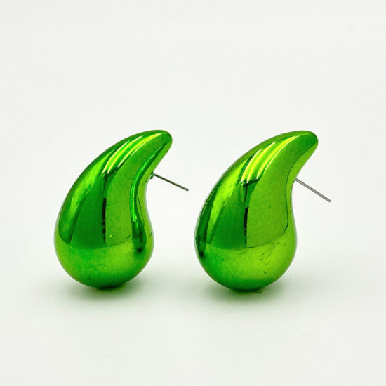 Picture of 1 Pair CCB Plastic Ins Style Ear Post Teardrop Chubby Stud Earrings Green Cashew Drop 2.3cm