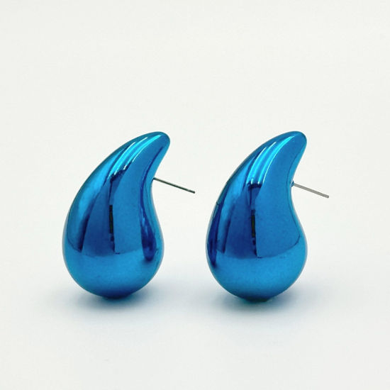Picture of 1 Pair CCB Plastic Ins Style Ear Post Teardrop Chubby Stud Earrings Blue Cashew Drop 2.3cm