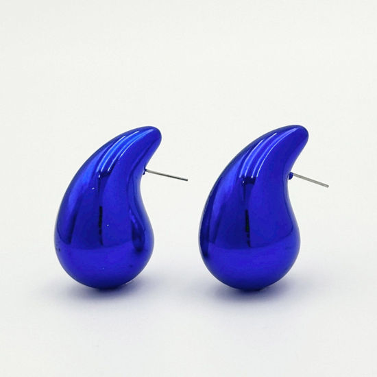 Picture of 1 Pair CCB Plastic Ins Style Ear Post Teardrop Chubby Stud Earrings Royal Blue Cashew Drop 2.3cm
