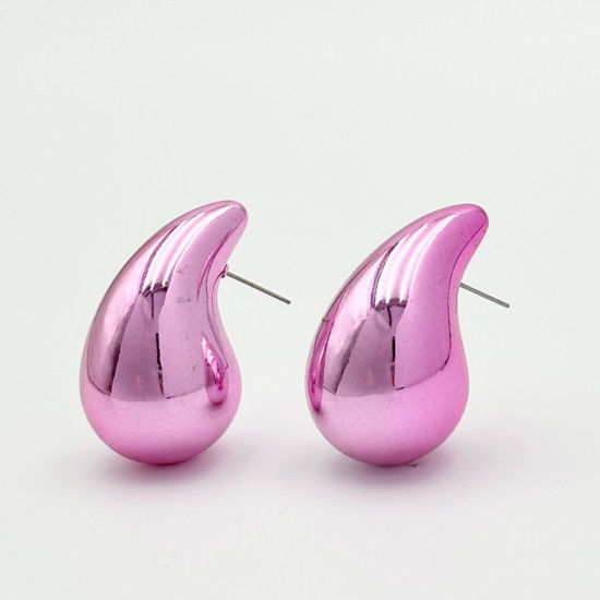 Picture of 1 Pair CCB Plastic Ins Style Ear Post Teardrop Chubby Stud Earrings Pink Cashew Drop 2.3cm