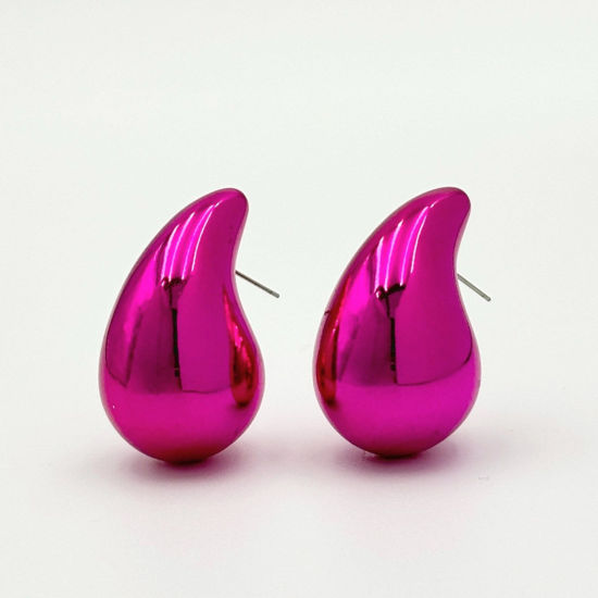Picture of 1 Pair CCB Plastic Ins Style Ear Post Teardrop Chubby Stud Earrings Fuchsia Cashew Drop 2.3cm
