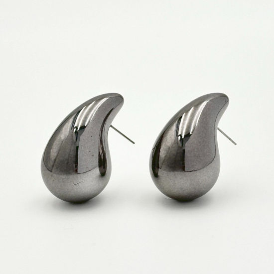 Picture of 1 Pair CCB Plastic Ins Style Ear Post Teardrop Chubby Stud Earrings Dark Gray Cashew Drop 2.3cm