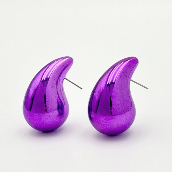 Picture of 1 Pair CCB Plastic Ins Style Ear Post Teardrop Chubby Stud Earrings Purple Cashew Drop 2.3cm