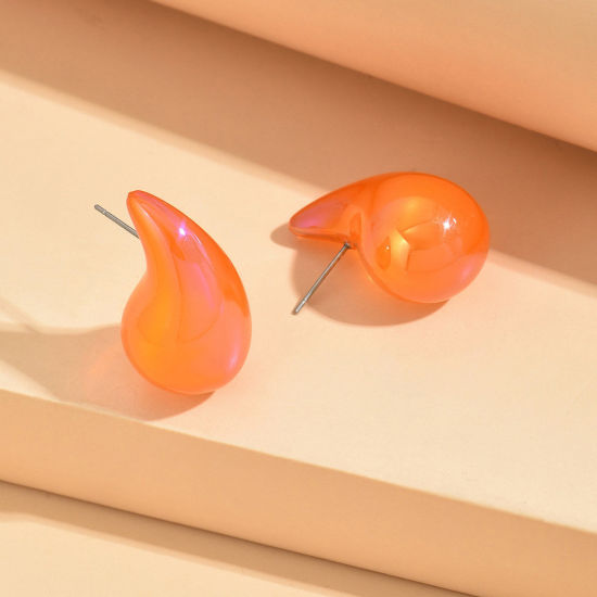 Picture of 1 Pair Acrylic Stylish Ear Post Teardrop Chubby Stud Earrings Orange Cashew Drop Colorful 3cm