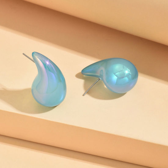 Picture of 1 Pair Acrylic Stylish Ear Post Teardrop Chubby Stud Earrings Skyblue Cashew Drop Colorful 3cm