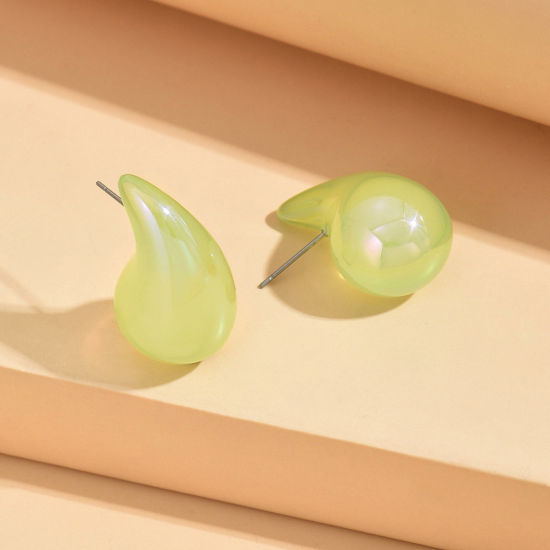 Picture of 1 Pair Acrylic Stylish Ear Post Teardrop Chubby Stud Earrings Fruit Green Cashew Drop Colorful 3cm