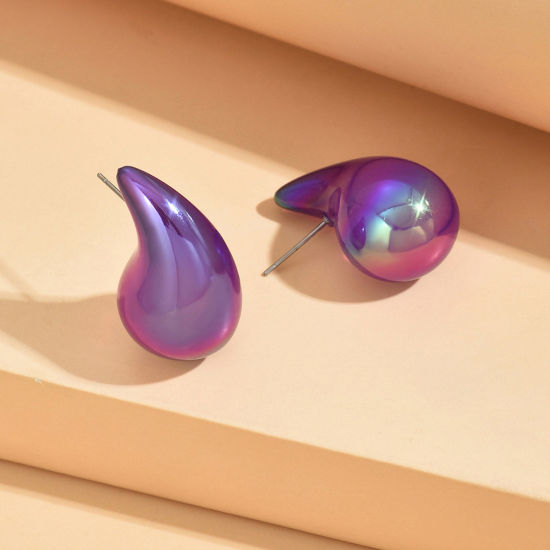 Picture of 1 Pair Acrylic Stylish Ear Post Teardrop Chubby Stud Earrings Purple Cashew Drop Colorful 3cm