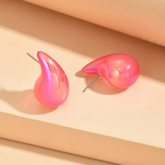 Picture of 1 Pair Acrylic Stylish Ear Post Teardrop Chubby Stud Earrings Pink Cashew Drop Colorful 3cm