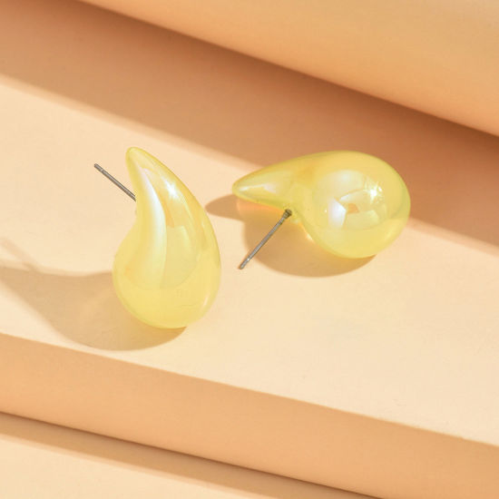 Picture of 1 Pair Acrylic Stylish Ear Post Teardrop Chubby Stud Earrings Pale Yellow Cashew Drop Colorful 3cm