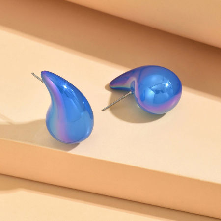 Picture of 1 Pair Acrylic Stylish Ear Post Teardrop Chubby Stud Earrings Blue Cashew Drop Colorful 3cm
