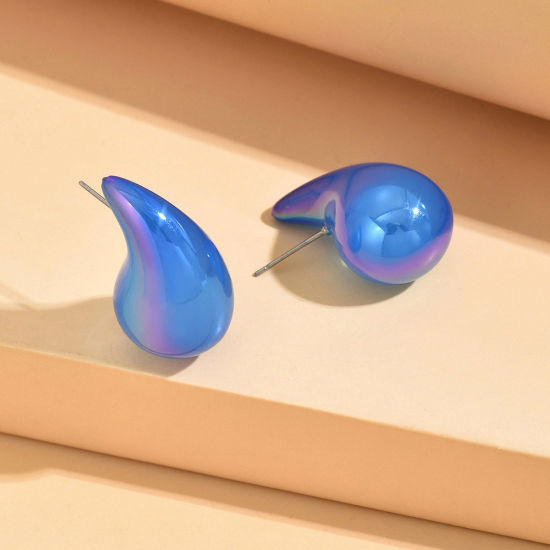 Picture of 1 Pair Acrylic Stylish Ear Post Teardrop Chubby Stud Earrings Blue Cashew Drop Colorful 3cm