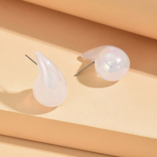 Picture of 1 Pair Acrylic Stylish Ear Post Teardrop Chubby Stud Earrings Ivory Cashew Drop Colorful 3cm