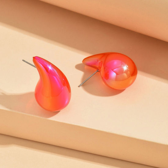Picture of 1 Pair Acrylic Stylish Ear Post Teardrop Chubby Stud Earrings Orange-red Cashew Drop Colorful 3cm