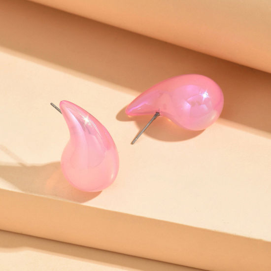 Picture of 1 Pair Acrylic Stylish Ear Post Teardrop Chubby Stud Earrings Light Pink Cashew Drop Colorful 3cm