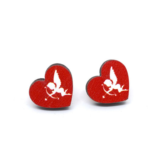 Bild von 1 Paar Holz Valentinstag Ohrring Ohrstecker Weiß & Rot Herz Amor 1.8cm