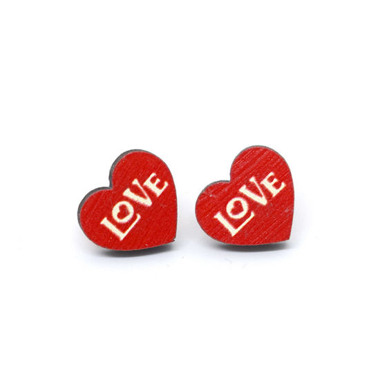 Bild von 1 Paar Holz Valentinstag Ohrring Ohrstecker Weiß & Rot Herz Message " LOVE " 1.8cm