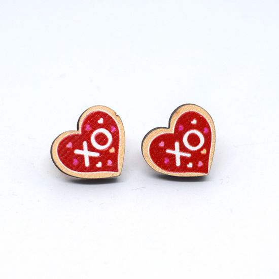 Bild von 1 Paar Holz Valentinstag Ohrring Ohrstecker Weiß & Rot Herz Message " Xoxo " 1.8cm
