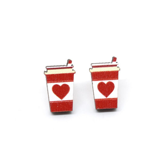 Bild von 1 Paar Holz Valentinstag Ohrring Ohrstecker Weiß & Rot Tasse Herz 1.8cm