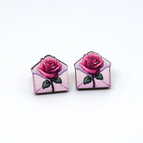 Image de 1 Paire Boucles d'Oreilles Puces La Saint Valentin en Bois Multicolore Enveloppe Rose 1.8cm