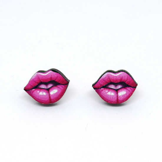 Picture of 1 Pair Wood Valentine's Day Ear Post Stud Earrings Fuchsia Lip 1.8cm