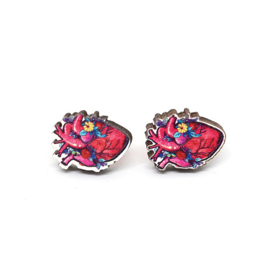 Picture of 1 Pair Wood Valentine's Day Ear Post Stud Earrings Multicolor Anatomical Human Heart 1.8cm
