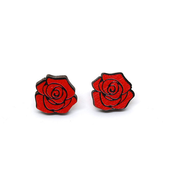 Bild von 1 Paar Holz Valentinstag Ohrring Ohrstecker Rot Rose 1.8cm