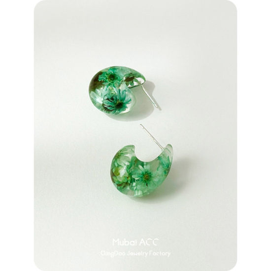 Picture of 1 Pair Resin Handmade Resin Jewelry Real Flower Ear Post Teardrop Chubby Stud Earrings Green Cashew Drop 2.4cm x 1.5cm