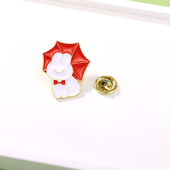 Picture of 1 Piece Japan Painting Vintage Japanese Tensha Pin Brooches Rabbit Animal Umbrella Gold Plated White & Red Enamel 2cm