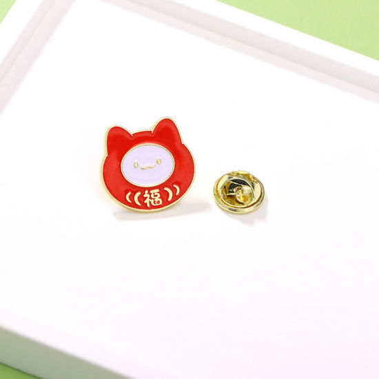 Picture of 1 Piece Japan Painting Vintage Japanese Tensha Pin Brooches Cat Animal Gold Plated White & Red Enamel 2cm