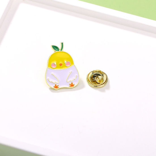 Picture of 1 Piece Japan Painting Vintage Japanese Tensha Pin Brooches Chicken Gold Plated White & Yellow Enamel 2cm