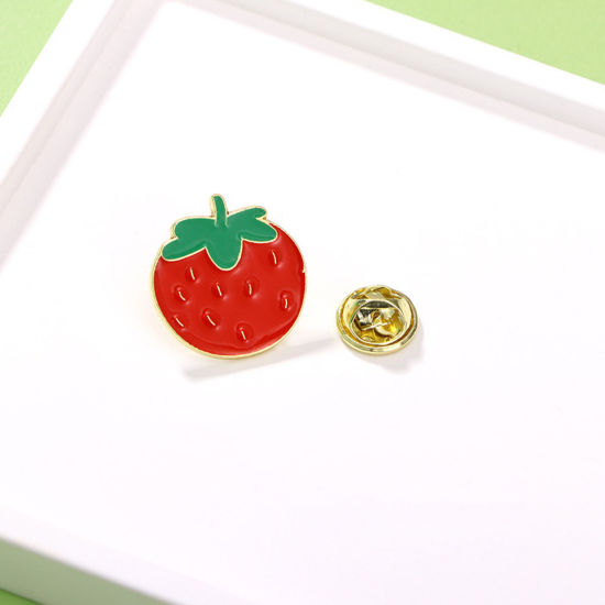 Picture of 1 Piece Japan Painting Vintage Japanese Tensha Pin Brooches Strawberry Fruit Gold Plated Red & Green Enamel 2cm
