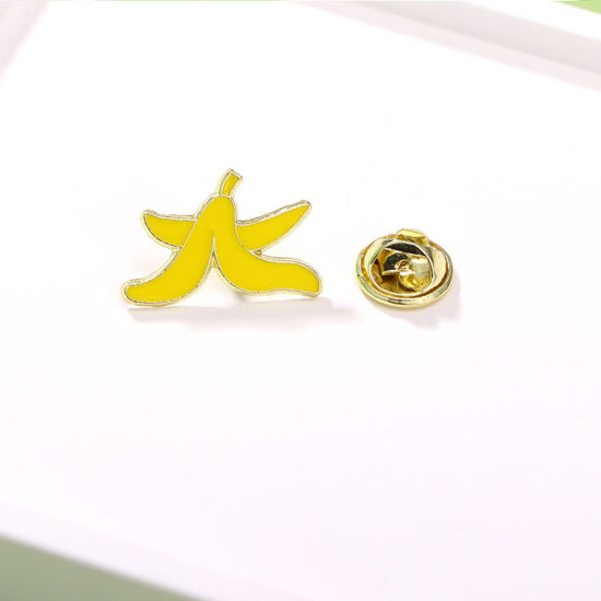 Picture of 1 Piece Japan Painting Vintage Japanese Tensha Pin Brooches Banana Fruit Gold Plated Yellow Enamel 2cm